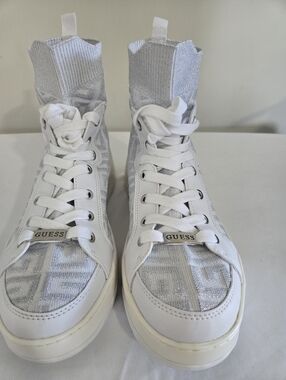 GUESS White & Silver High-Top Knit Sneaker Boots